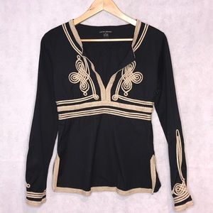 Lucky Brand Vintage Embroidered Black & Cream Peasant Top Size Small